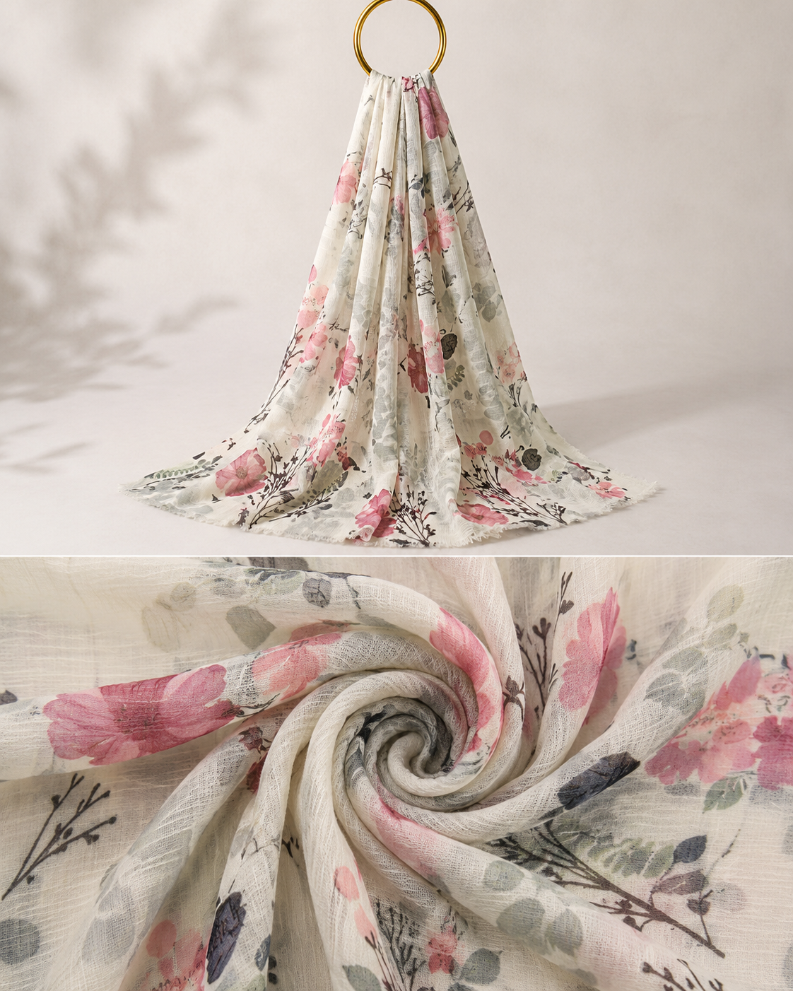 Cream floral chiffon hijab drape and fabric detail