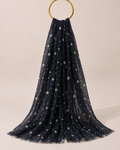 Starry night navy chiffon hijab with silver stars draped elegantly
