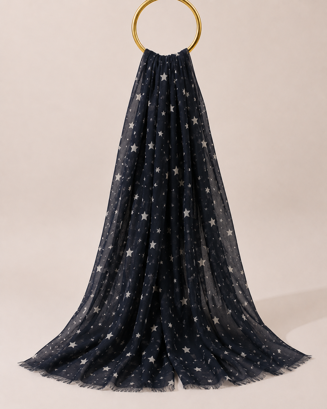 Starry night navy chiffon hijab with silver stars draped elegantly