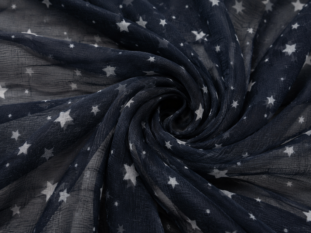 Navy chiffon fabric with silver star print close-up