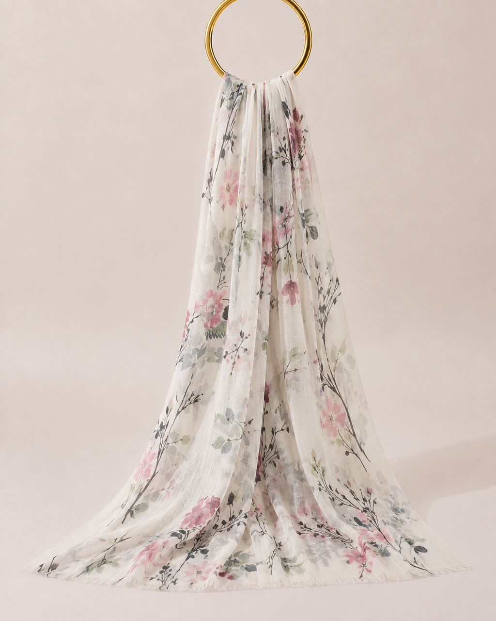 Botanical floral chiffon hijab in cream draped elegantly
