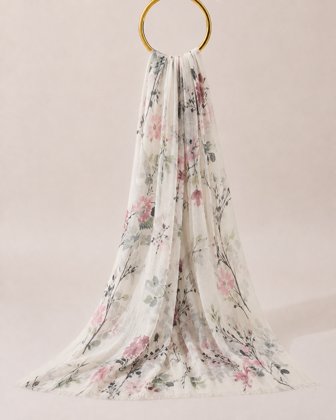 Botanical floral chiffon hijab in cream draped elegantly