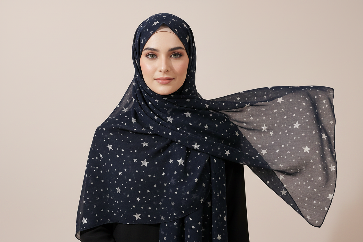 Model wearing navy star hijab